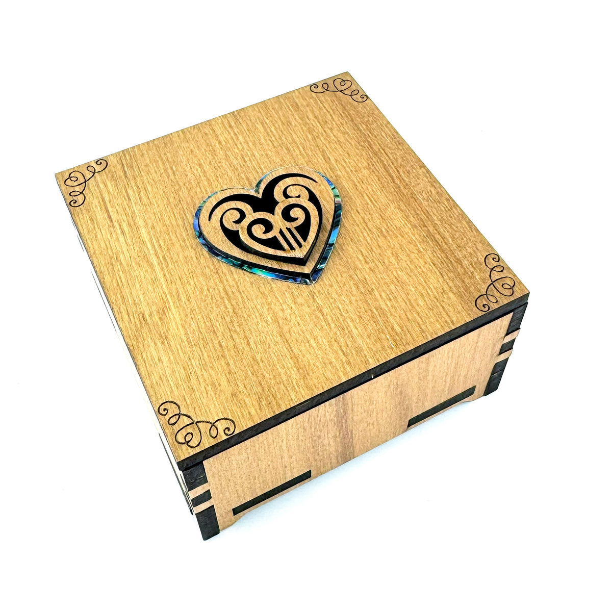Beautiful Rimu and Paua Shell Koru Heart Box