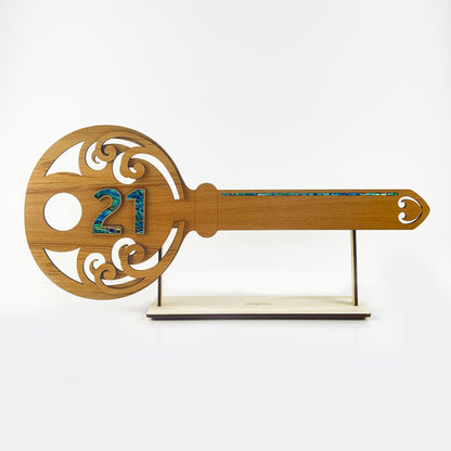 Elegant NZ Made Rimu and Paua 21st Key with Koru