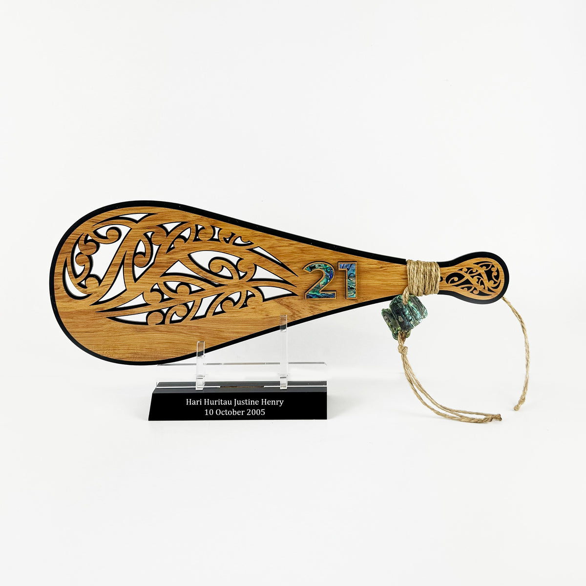 Rimu and Paua Cutout Kowhaiwhai Design 21st Birthday Patu on Stand (Engraving Optional)