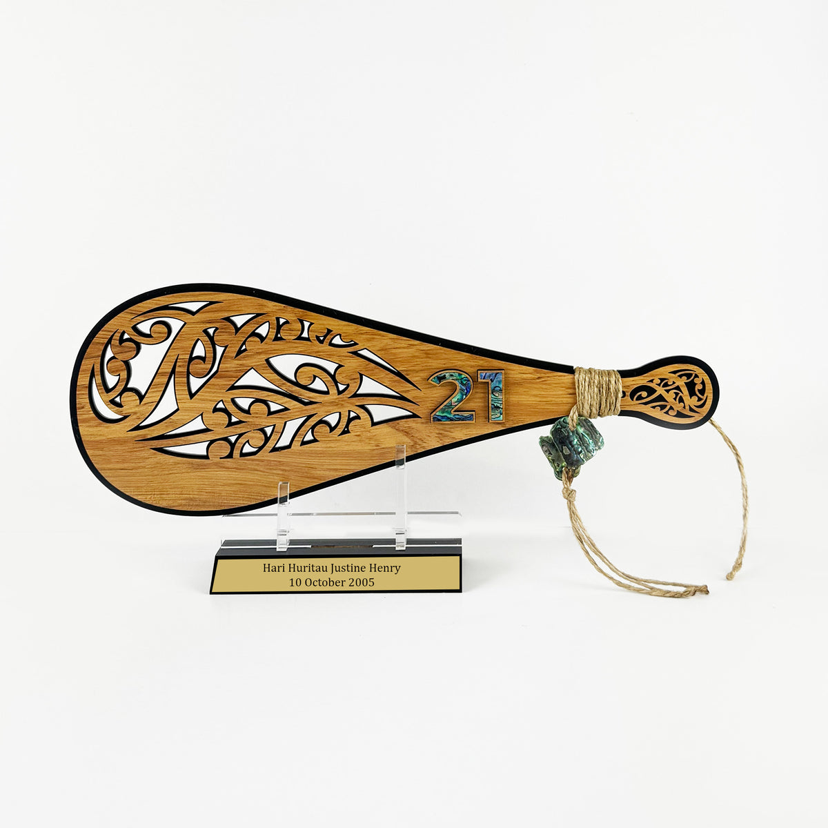 Rimu and Paua Cutout Kowhaiwhai Design 21st Birthday Patu on Stand (Engraving Optional)