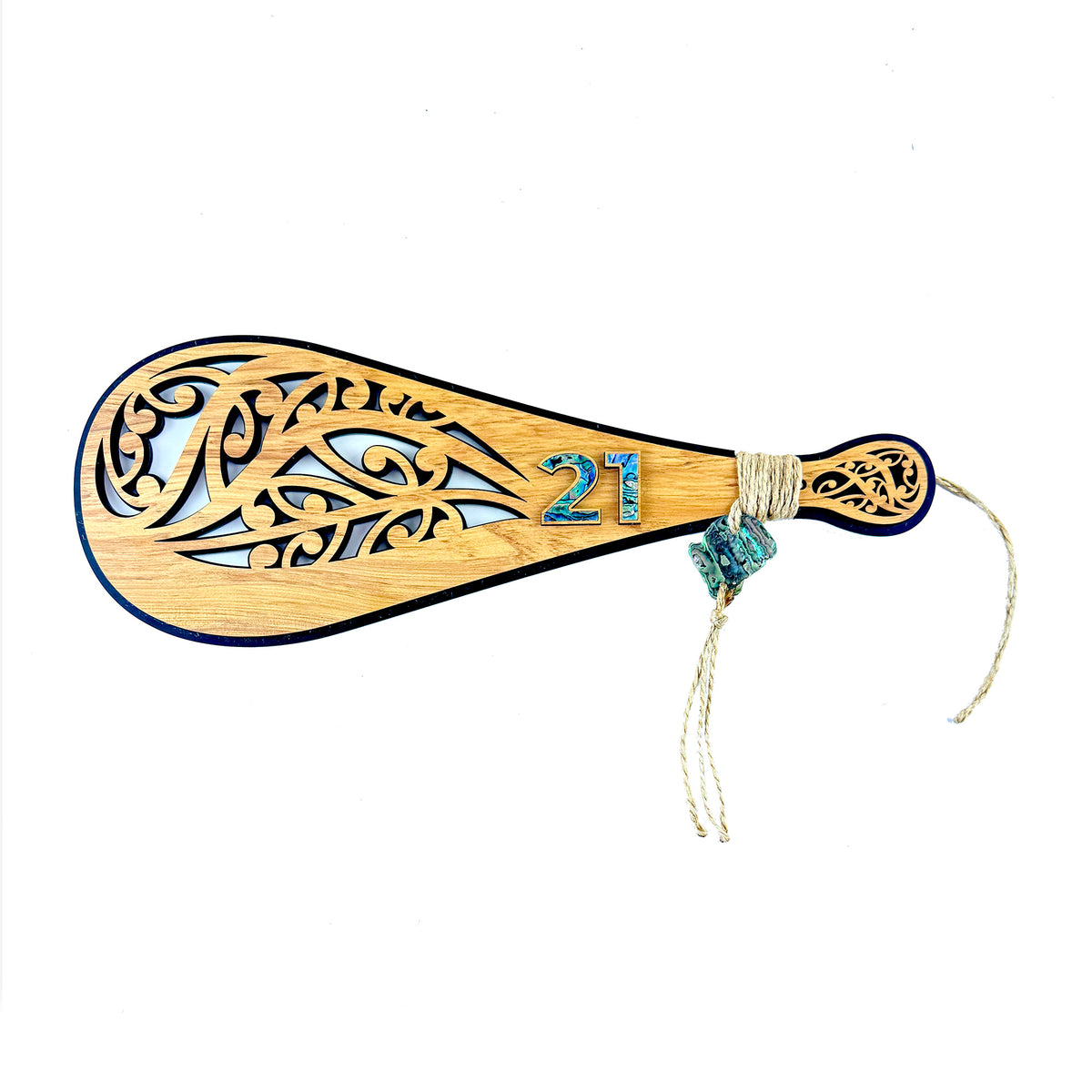 Rimu and Paua Cutout Kowhaiwhai Design 21st Birthday Patu on Stand (Engraving Optional)