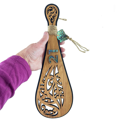Rimu and Paua Cutout Kowhaiwhai Design 21st Birthday Patu on Stand (Engraving Optional)