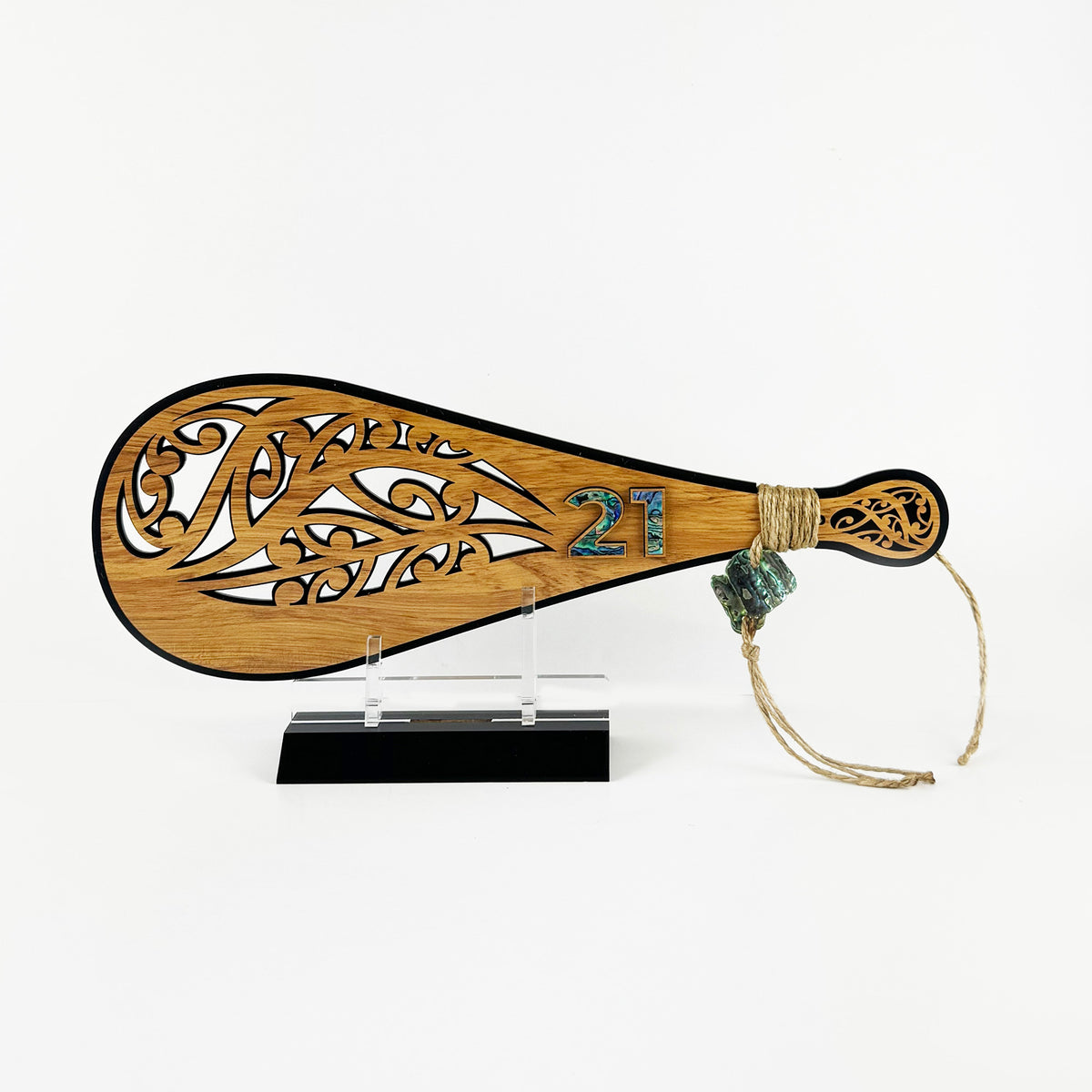 Rimu and Paua Cutout Kowhaiwhai Design 21st Birthday Patu on Stand (Engraving Optional)