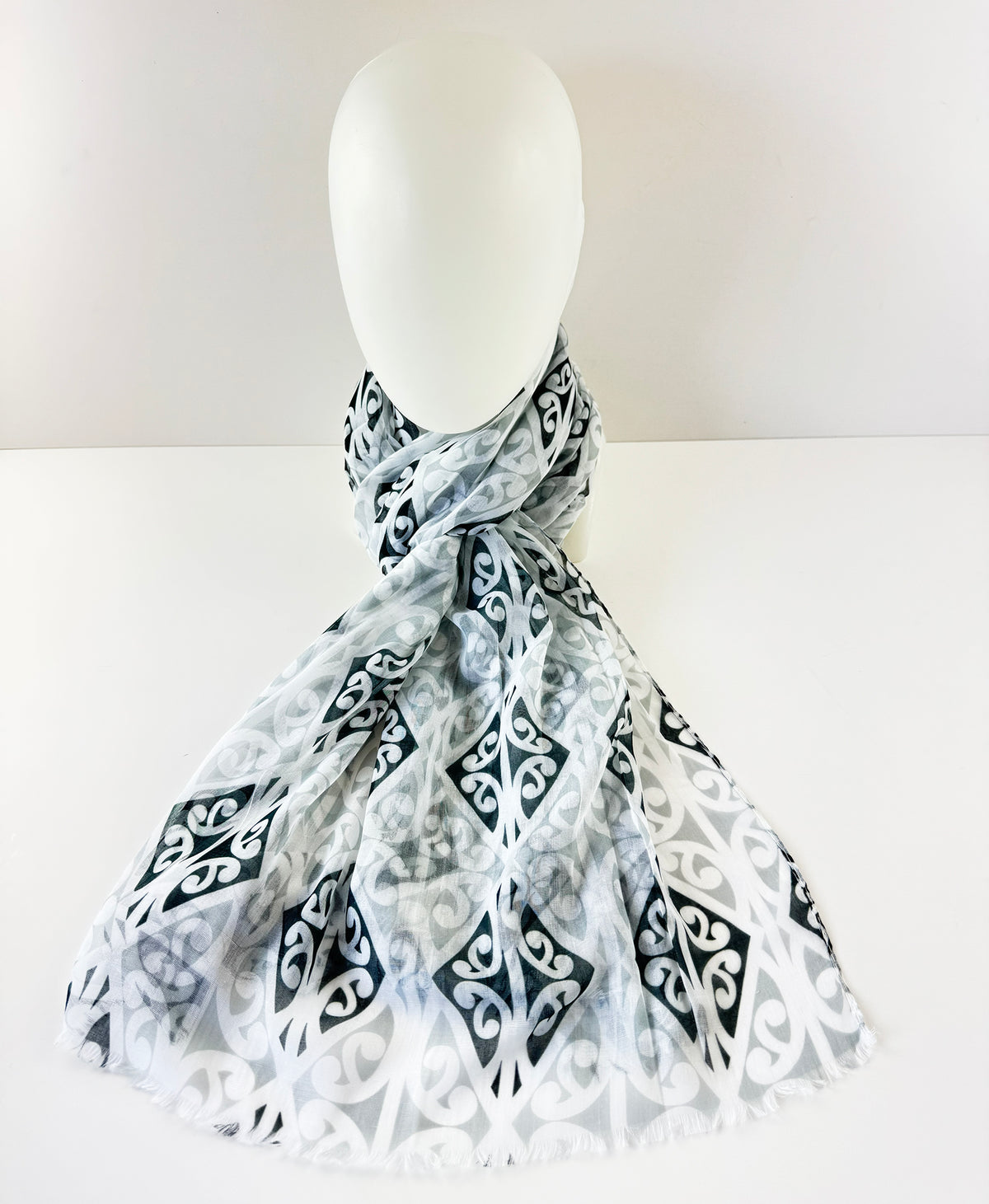 Grey White and Black Māori Kowhaiwhai Scarf
