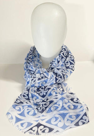 Beautiful Maori Kowhaiwhai Scarf in Sky Blue and Navy - ShopNZ