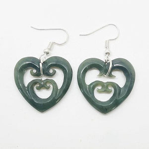 Genuine NZ Greenstone Heart Earrings with 4 Koru - ShopNZ
