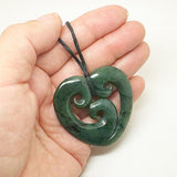 Medium 5cm Genuine NZ Greenstone Heart Necklace with 3 Koru - ShopNZ