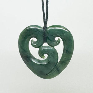Medium 5cm Genuine NZ Greenstone Heart Necklace with 3 Koru