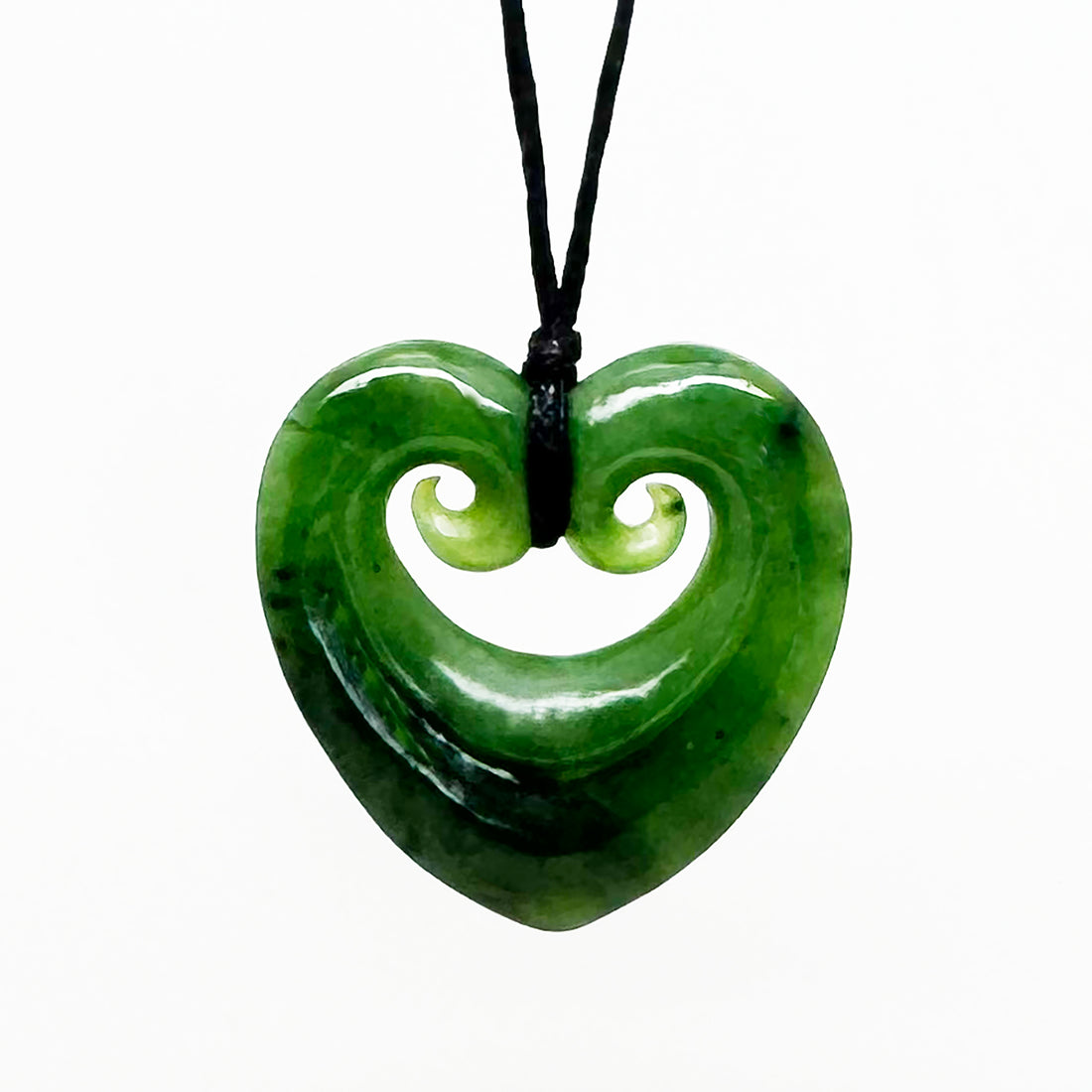 Genuine NZ Greenstone 4cm Heart Necklace with Two Koru