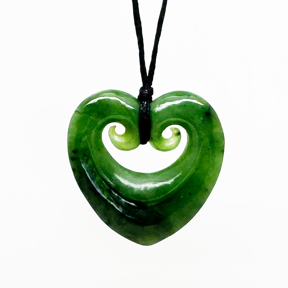 Genuine NZ Greenstone 4cm Heart Necklace with Two Koru