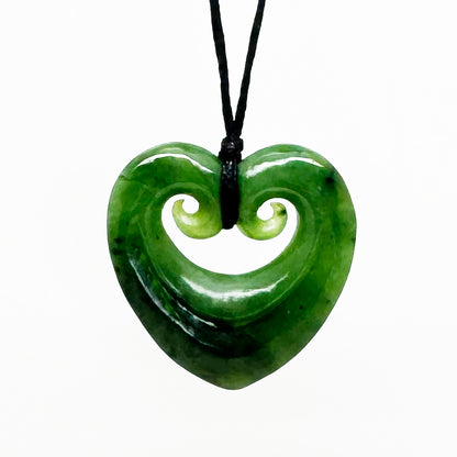 Genuine NZ Greenstone 4cm Heart Necklace with Two Koru