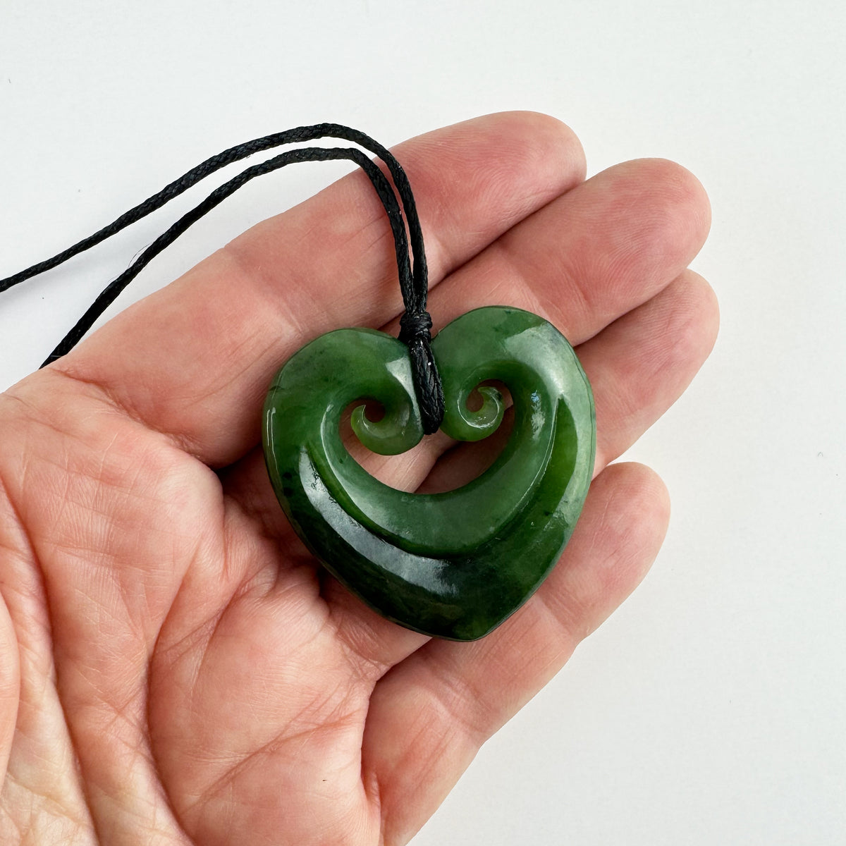Genuine NZ Greenstone 4cm Heart Necklace with Two Koru
