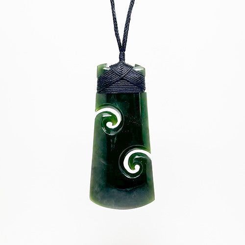 Genuine NZ Greenstone Toki Necklace with Two Cutout Koru
