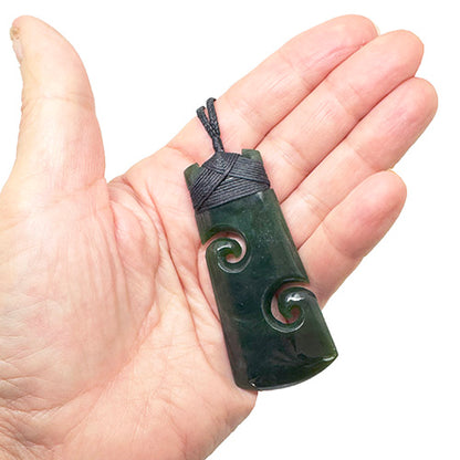 Genuine NZ Greenstone Toki Necklace with Two Cutout Koru
