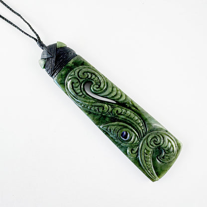 Stunning Surface Carved Genuine NZ Greenstone 13cm Toki Necklace