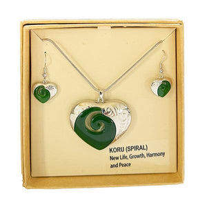 Greenstone Look Heart Necklace and Earrings Set