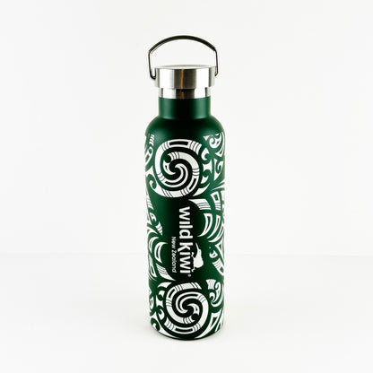Stunning Forest Green and White Embossed Māori Print Insulated Bottle