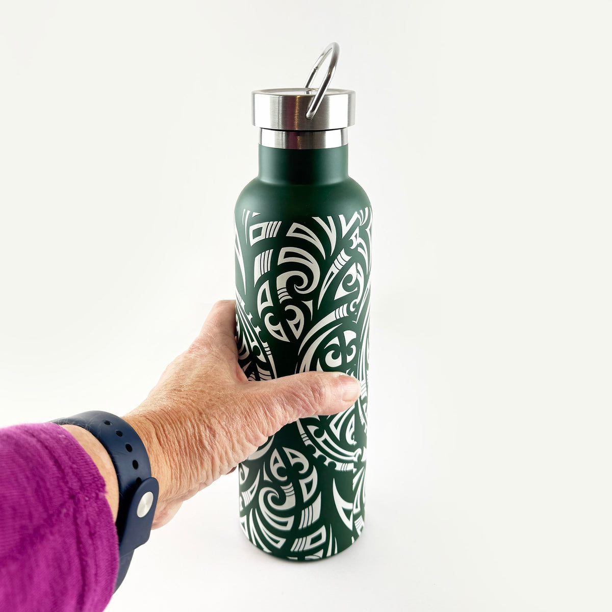 Stunning Forest Green and White Embossed Māori Print Insulated Bottle