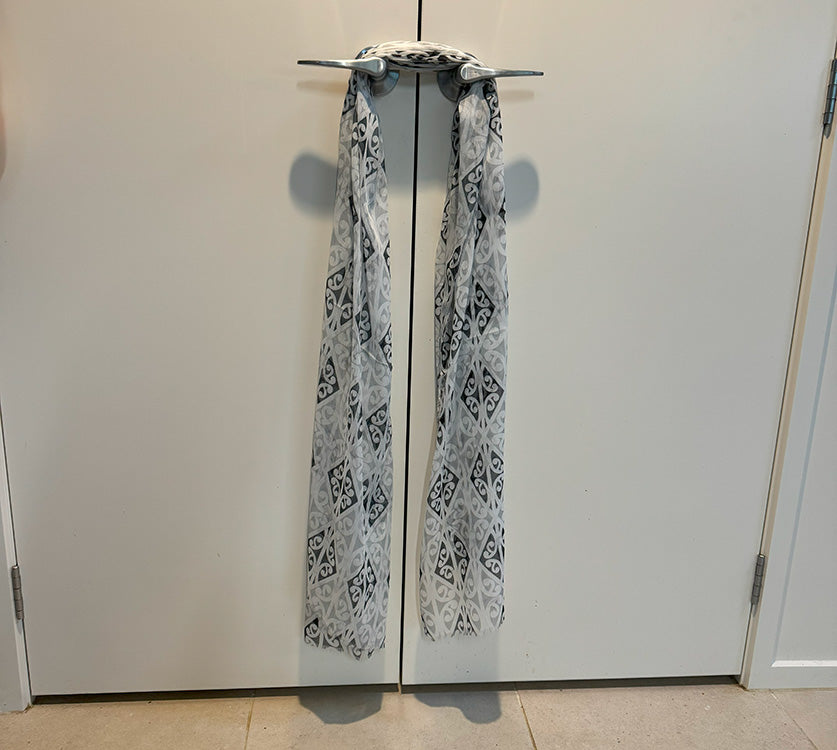 Grey White and Black Māori Kowhaiwhai Scarf