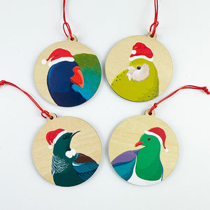 Pack of 4 NZ Native Bird Christmas Ornaments - Tui, Takahe, Kakapo, Kereru