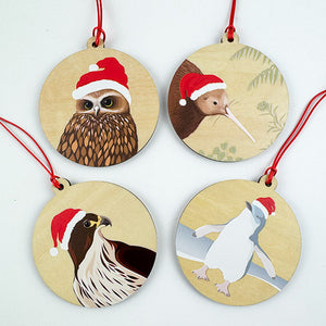 Cute Pack of 4 NZ Birds Xmas Ornaments - Kiwi, Penguin, Owl, Falcon
