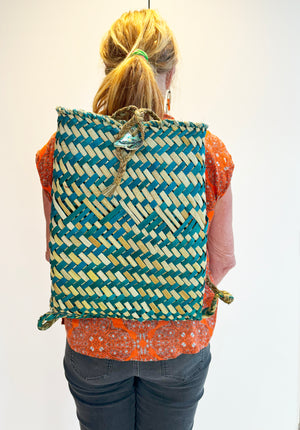 Maori Flax Kete Backpack Pikau Natural and Teal