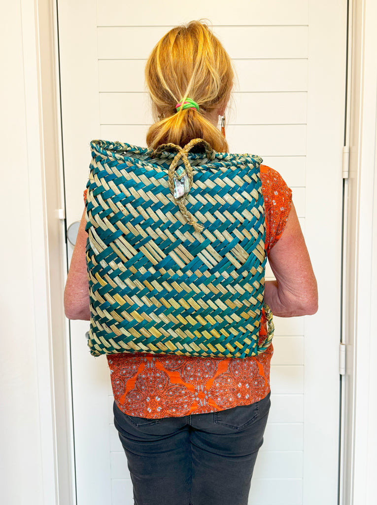 Teal and  Natural Maori Flax Kete Backpack