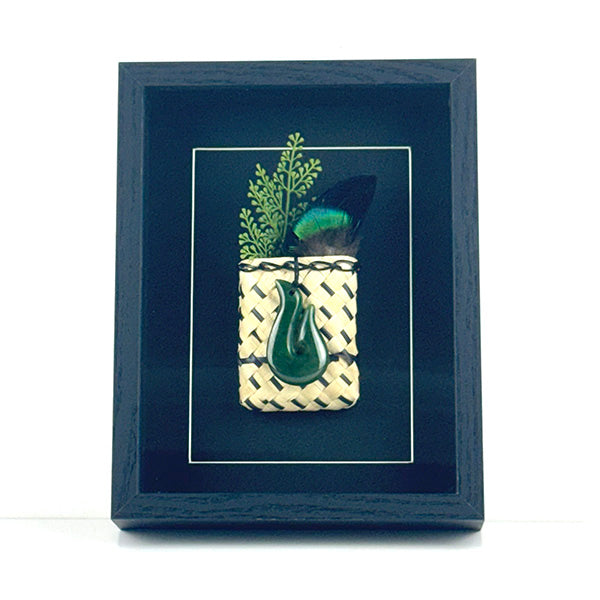 Genuine NZ Greenstone Fish Hook Necklace in Shadow Box Wall Art