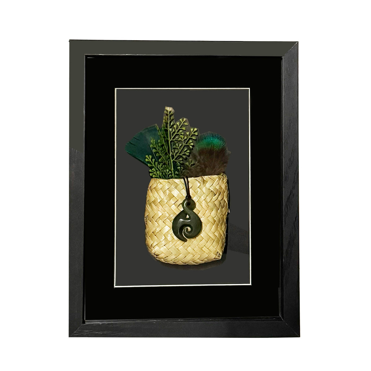 NZ Māori Twist Koru Greenstone Necklace in Shadow Box Wall Art