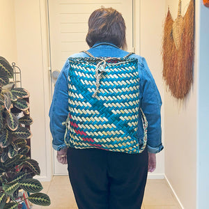 Teal Natural and Crimson Maori Flax Pikau Backpack