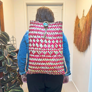 Red and Natural Flax Maori Backpack Pikau