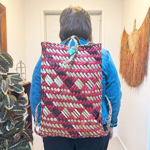 Teal and  Natural Maori Flax Kete Backpack
