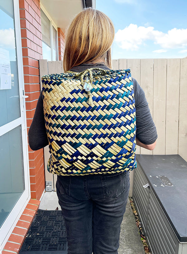 Teal Navy and Natural Maori Flax Backpack Pikau