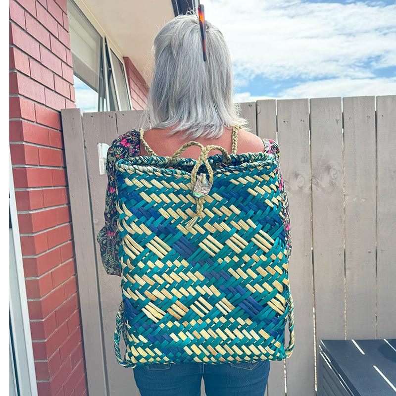 Teal Dark Blue and Natural Maori Flax Pikau Backpack