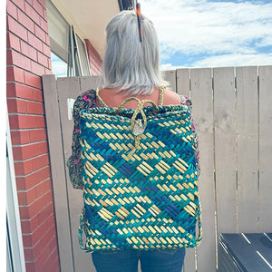 Teal Dark Blue and Natural Maori Flax Pikau Backpack - ShopNZ