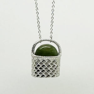 Beautiful Sterling Silver Maori Kete Bag Necklace with Pounamu