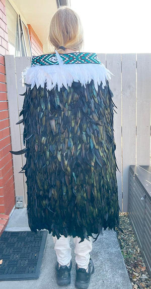 Black Maori Korowai Feather Cloak with Emerald Taniko