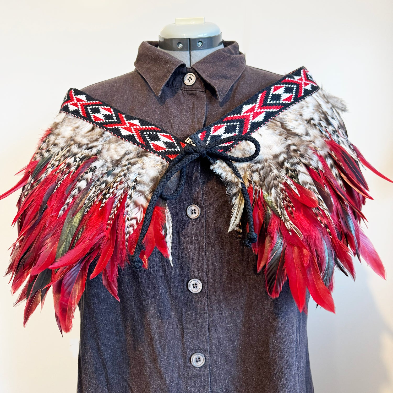 Stunning Red Black and Striped Short Māori Korowai