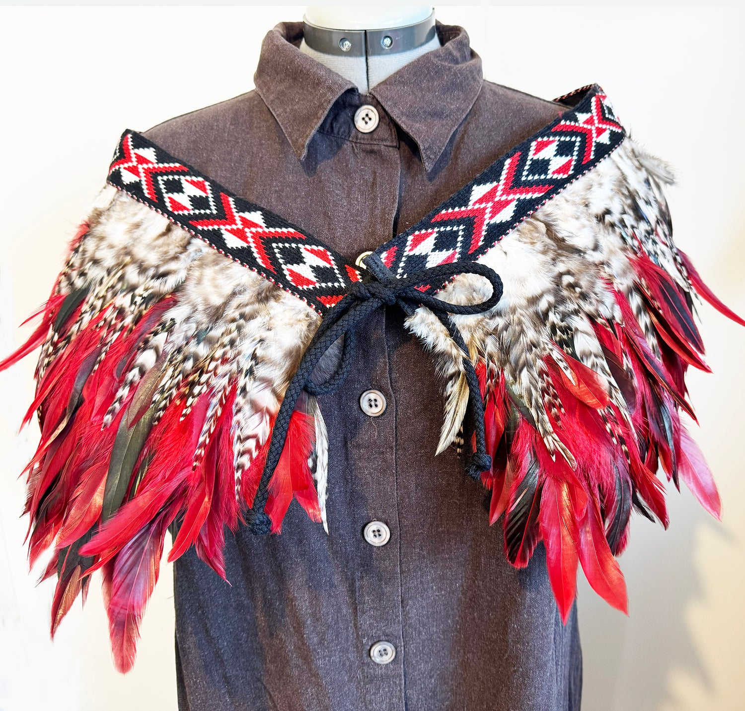 Stunning Red Black and Striped Short Māori Korowai