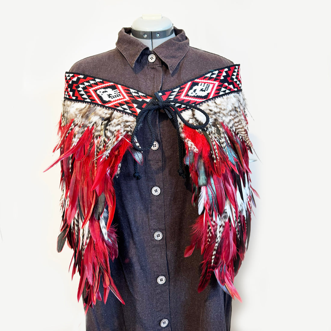 Red Black White and Striped Feather Māori Korowai Cape