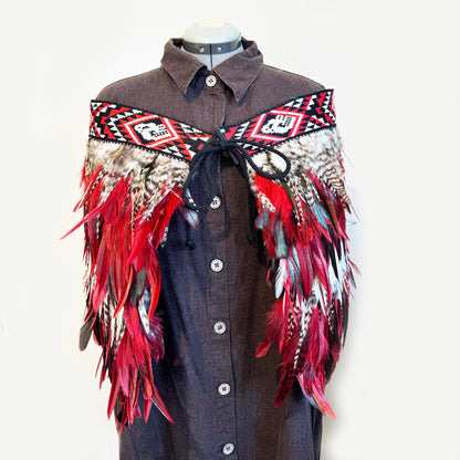 Red Black White and Striped Feather Māori Korowai Cape