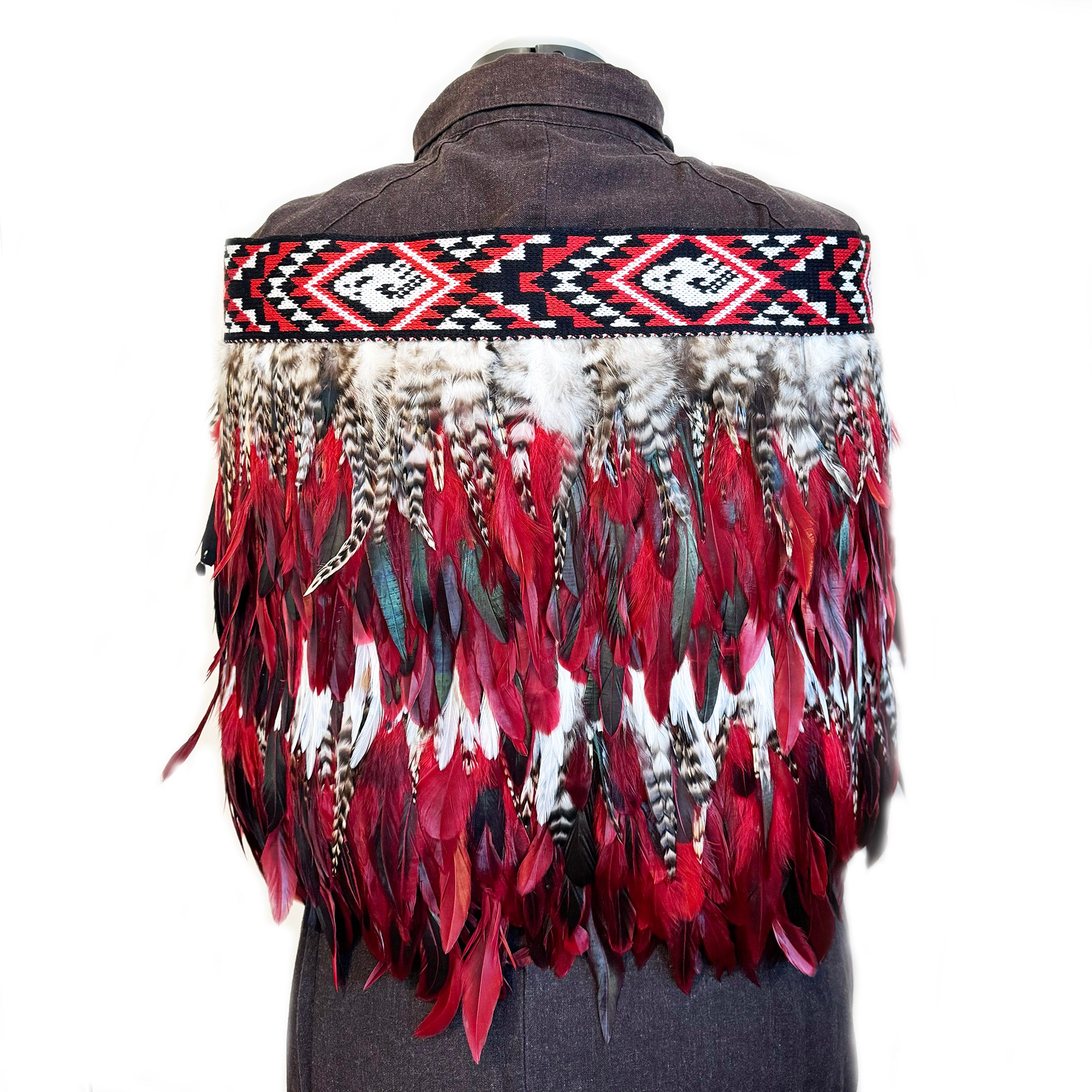 Red Black White and Striped Feather Māori Korowai Cape