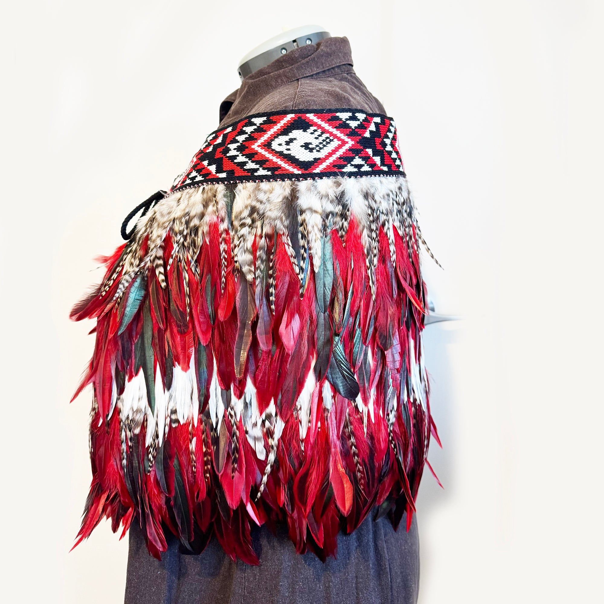 Red Black White and Striped Feather Māori Korowai Cape