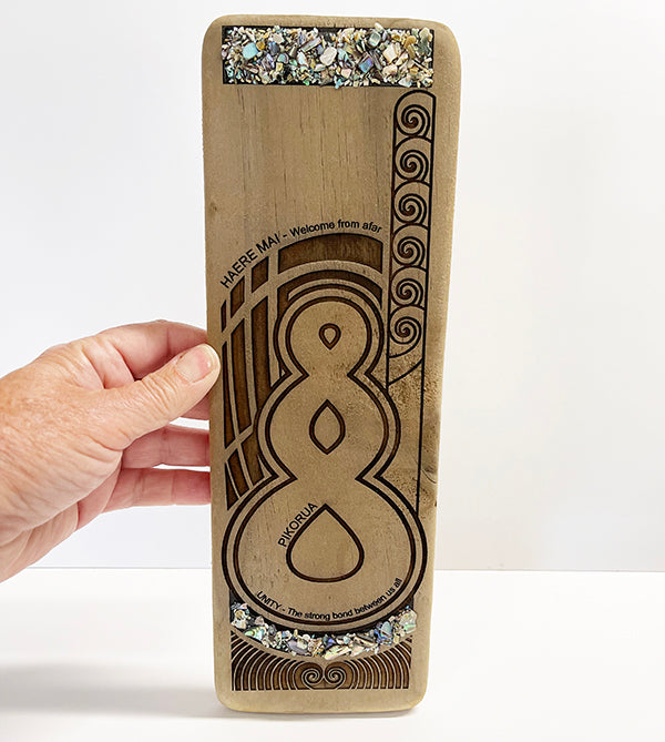 Recycled Wood and Paua Shell Maori Pikorua Wall Art