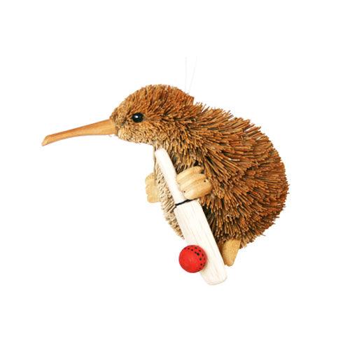 Cute Brush Kiwi Bird Xmas Ornament with Cricket Bat and Ball
