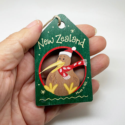 NZ Made Kiwi in Santa Hat Cutout Eco Christmas Ornament