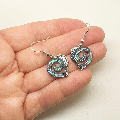 Pretty Paua Shell Heart Earrings with Koru - ShopNZ