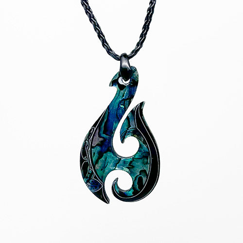 Paua Maori Hei Matau Hook Necklace with Kowhaiwhai