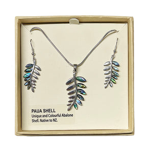Pretty Paua and Silver Fern Necklace and Earrings Set