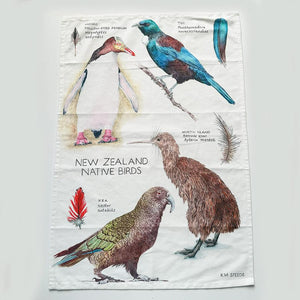 NZ Native Birds Tea Towel - Hoiho Penguin Tui Kea Brown Kiwi - ShopNZ